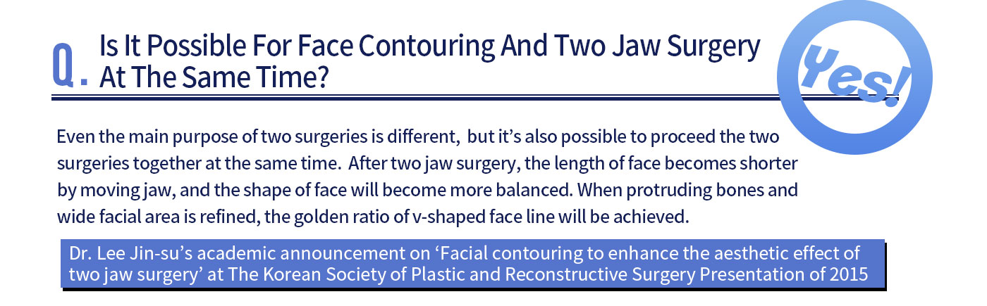 안면윤곽술과 양악 수술이 동시에 가능할까?YES!	
				  안면윤곽수술과 양악수술은 개선 목적이 다르지만, 상호보완적이라서 실제로 두 가지를 병행하는 경우도 많습니다.
				  턱을 이동시키는 양악수술을 시행하면 일반적으로 얼굴의 길이가 짧아지는데,
				  이 때 상대적으로 도드라져 보일 수 있는 얼굴의 전체적인 폭과 모양을 갸름하게 개선해야 조화로운 얼굴형을 만들 수 있습니다.
				  그래서 안면윤곽술로 골격이 돌출되거나 넓은 부분을 줄이면 한층 황금비율의 V라인으로 개선할 수 있습니다.